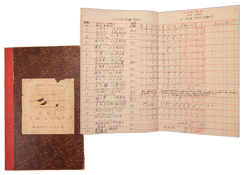 A handwritten logbook with entries in both English and Chinese, featuring a brown cover and an open page with tabular data.